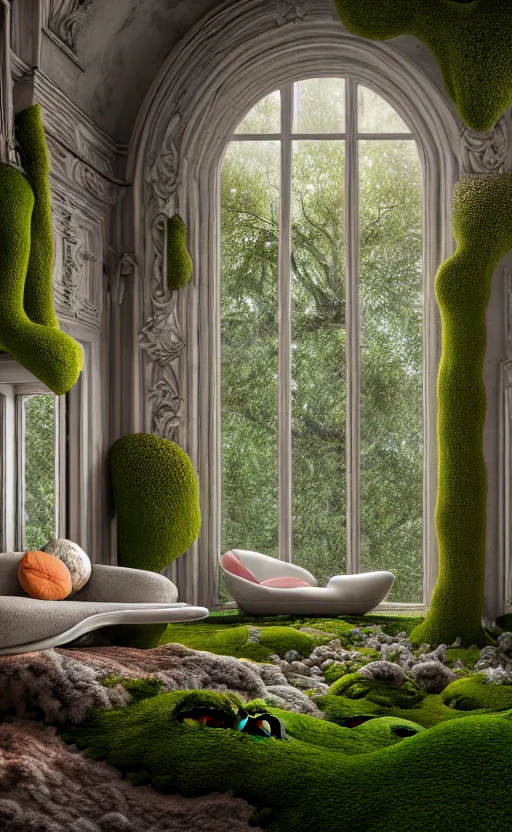 Image similar to highly detailed villa natural beautiful light interior soft cinematic composition of a smooth ceramic porcelain biomorphic magnolia stone nebula fluid sci - fi surreal colorful architecture landscape, furniture, granite, trees, marble, moss, lichen, fungi, vincent callebaut composition, mamou - mani, archviz, 8 k, unreal engine, hdr