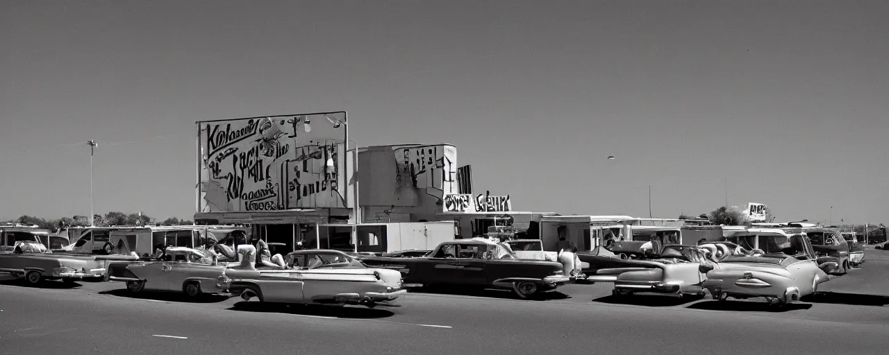 Prompt: ! spaghetti! 1 9 5 0 s drive in movie theater, in the style of michael kenna, kodachrome,