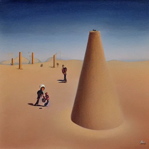 Prompt: children crawling up pillars of desert sand, Surrealist paintings