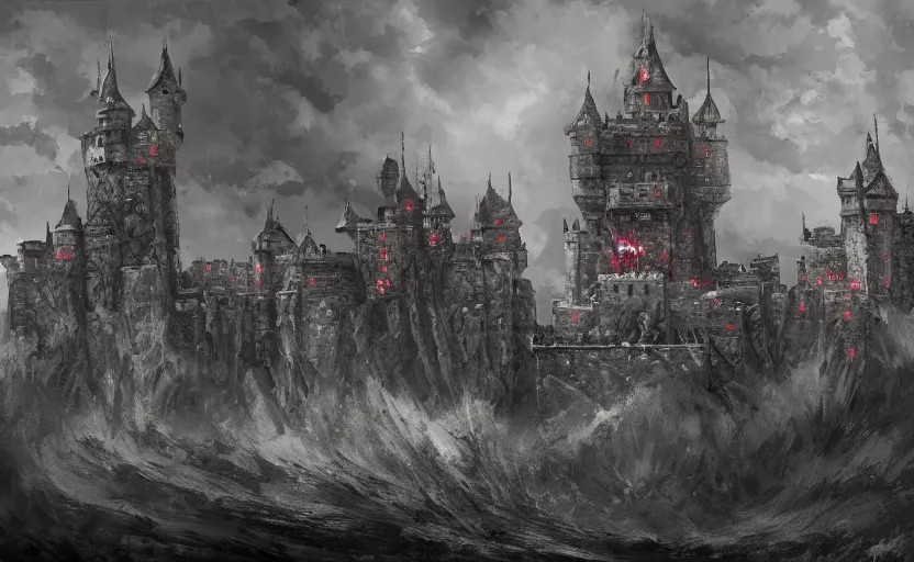 Image similar to menacing castle in hell dominates the landscape, digital art, trending on artstation