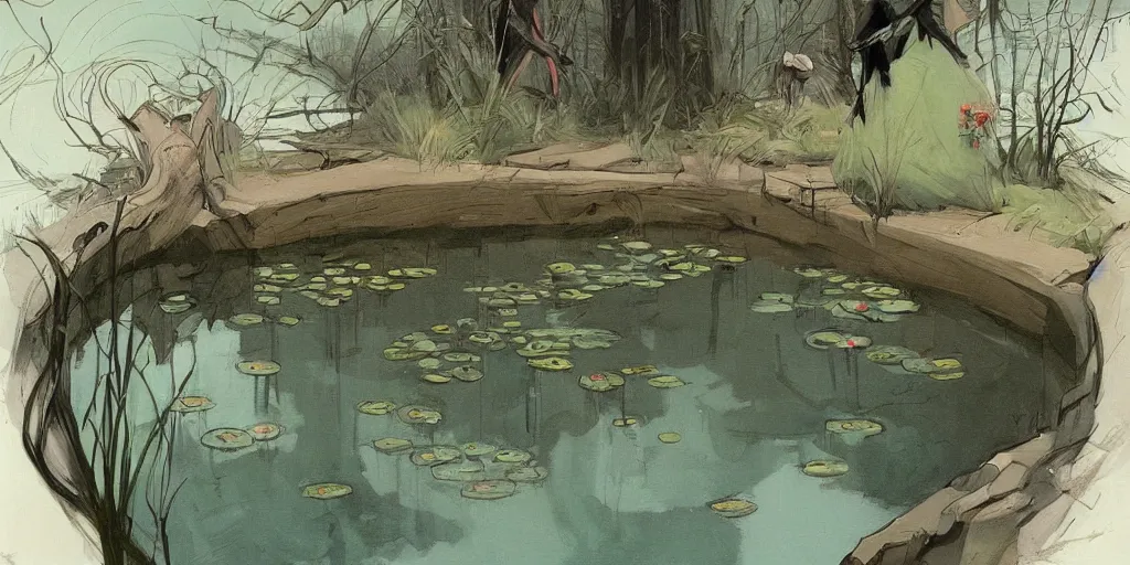 Image similar to a beautiful painting of a robot pond by abigail larson, trending on artstation