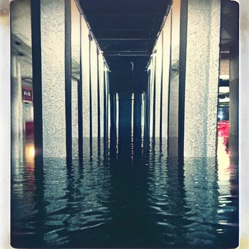 Image similar to a flooded parking garage with lights under the surface of the water, surreal, liminal, polaroid,