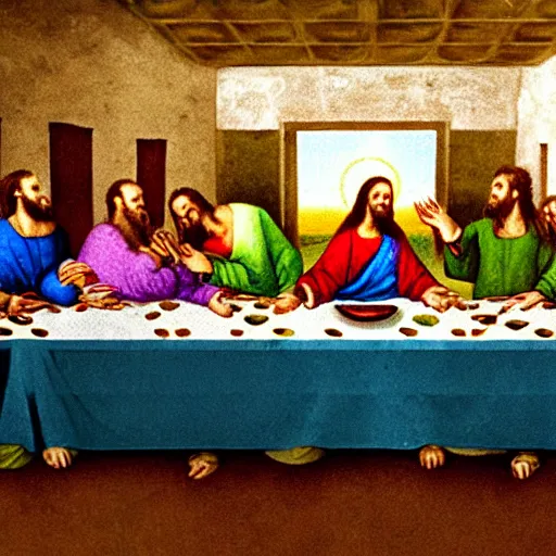 Image similar to the last supper but everyone has taco bell food on their plates