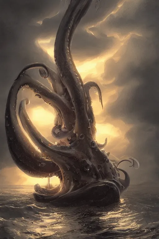 Image similar to gigantic squid-Kraken destroying a boat, lovecraftian creature, dramatic lighting, cinematic, establishing shot, extremly high detail, foto realistic, cinematic lighting, post processed, concept art, artstation, matte painting, style by eddie mendoza, raphael lacoste, alex ross