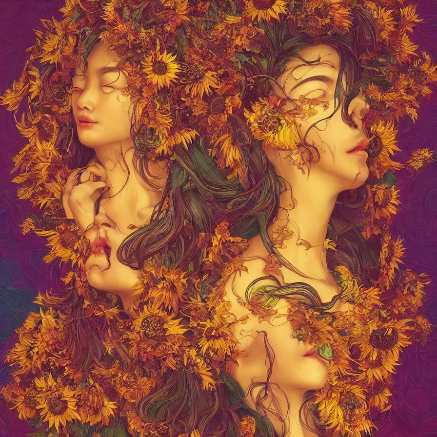 Prompt: Sunflower Chinese goddess-queen, colourful, surreal, dramatic lighting, face, detailed, intricate, elegant, highly detailed, digital painting, artstation, concept art, smooth, sharp focus, illustration, art by Sam Spratt, Dan Mumford, Artem Demura and Alphonse Mucha