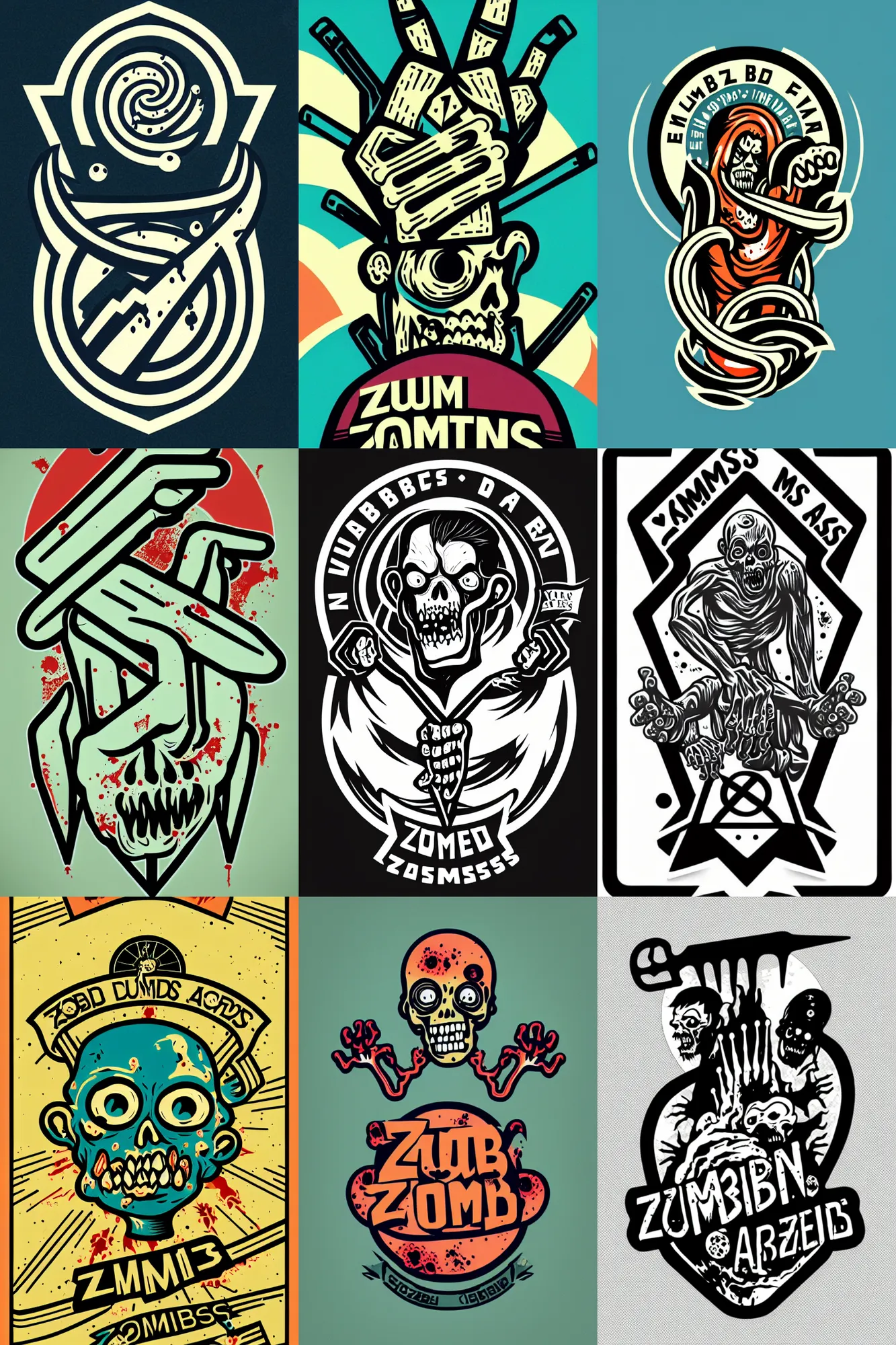 Prompt: logo design, zombie arms out in front, patch logo, by mcbess, full colour print, gradients, 1 9 5 0 s, high detail spiral design