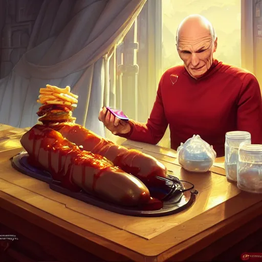 Image similar to Captain Picard sunbathing, dripping BBQ Sauce, serving happy meals, D&D, spilling ketchup, fantasy, intricate, elegant, highly detailed, digital painting, artstation, concept art, matte, sharp focus, illustration, hearthstone, art by Artgerm and Greg Rutkowski and Alphonse Mucha