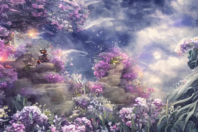 Image similar to dynamic composition, motion, ultra - detailed, incredibly detailed, a lot of details, amazing fine details and brush strokes, colorful and grayish palette, smooth, hd semirealistic anime cg concept art digital painting, watercolor oil painting of sea of flowers, in style of cytus and deemo, blue flame, relaxing, calm and mysterious vibes