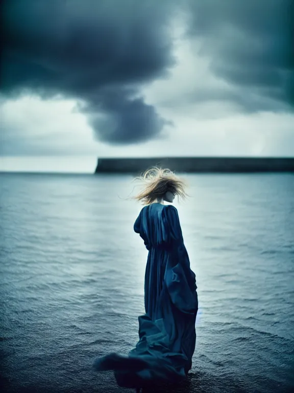 Image similar to cinestill 5 0 d photography of a woman britt marling 3 / 4 style of paolo roversi, dress in voile, hair like dark clouds floating on air, mute dramatic colours, soft blur outdoor stormy sea background, volumetric lighting, hyperdetailed, hyperrealistic