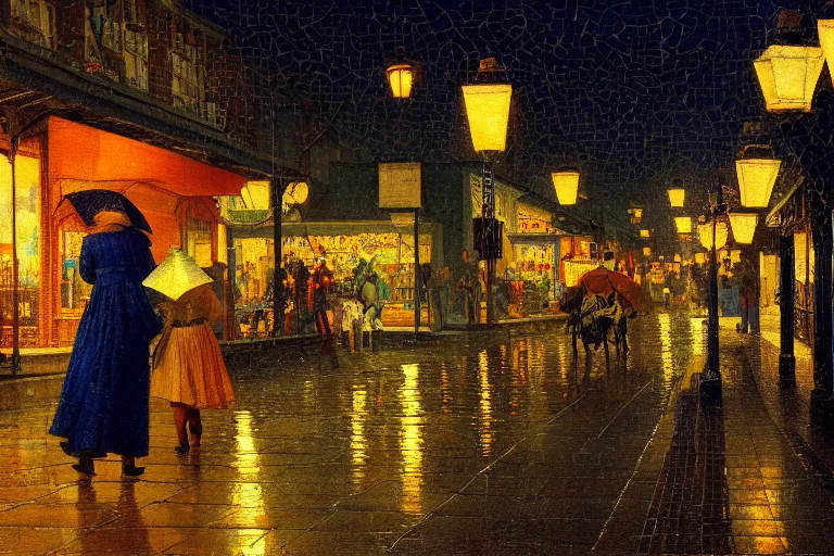 Prompt: painting of the streets of hackensack, at night, lanterns, neon, raining, romantic, by ludwig deutsch and maxfield parrish, patterned tilework, extremely detailed, cinematic lighting, smooth sharp focus