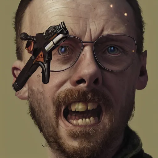 Prompt: simon pegg portrait, horror core, apocalyptic, winchester rifle, sharp focus, fiction, hyper detailed, digital art, trending in artstation, cinematic lighting, studio quality, smooth render, unreal engine 5 rendered, octane rendered, art style and nixeu and wlop and krenz cushart