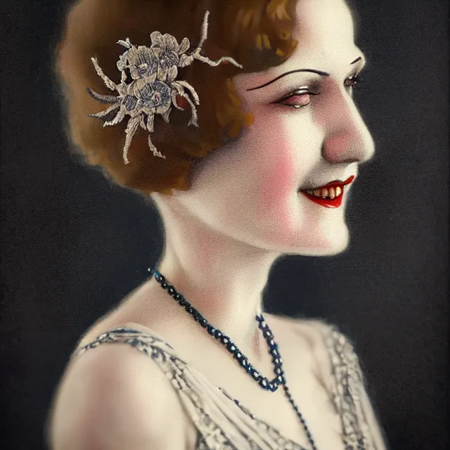 Prompt: a portrait photo of a 1 9 2 0 s woman with a slight smile in a flapper dress, atmospheric lighting, painted, intricate, ultra detailed by leesha hannigan, thierry doizon, kai carpenter, well composed, best on artstation, cgsociety, epic, stunning, gorgeous, intricate detail, wow, masterpiece