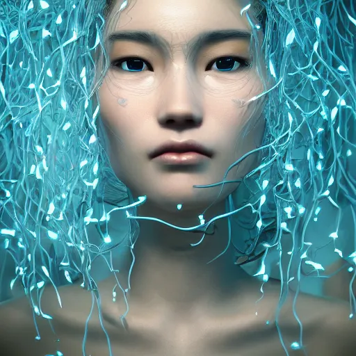 Image similar to intricate highly detailed face portrait of asian - european woman, light blue water vines on her face, intricate, cgsociety, unreal engine, octane render, sharp focus, smooth, volumetric lighting, cinematic composition, artstation