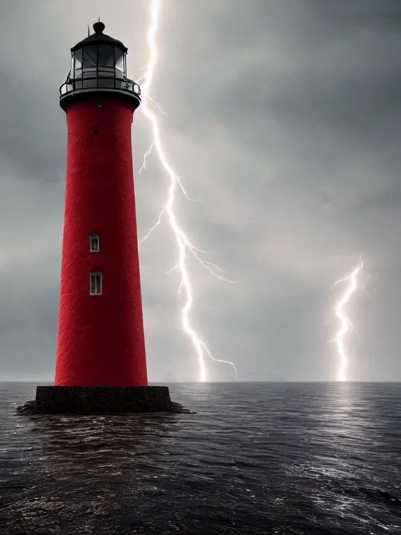 Image similar to photo of 8k ultra realistic lighthouse on island, heavy rain, ,lightning storm, boat lights in distance, night, light shining, heavy seas, full of colour, cinematic lighting, battered, trending on artstation, 4k, hyperrealistic, focused, extreme details,unreal engine 5, cinematic, masterpiece, art by studio ghibli