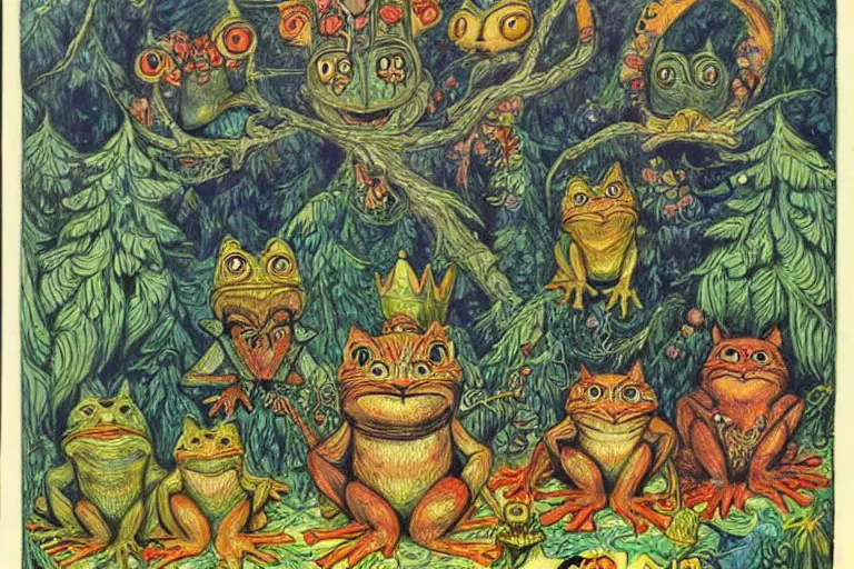 Prompt: a fantasy illustration, Castle of the frog king on Endor by Louis Wain (1920)