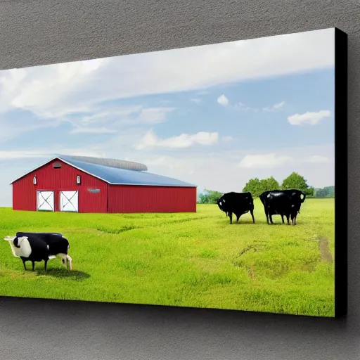 Image similar to interior view of modern futuristic farm barn architecture and interior design, lounge chairs with cows, sofas with pigs and chickens, wall art, detailed luminescent oil painting 4 k