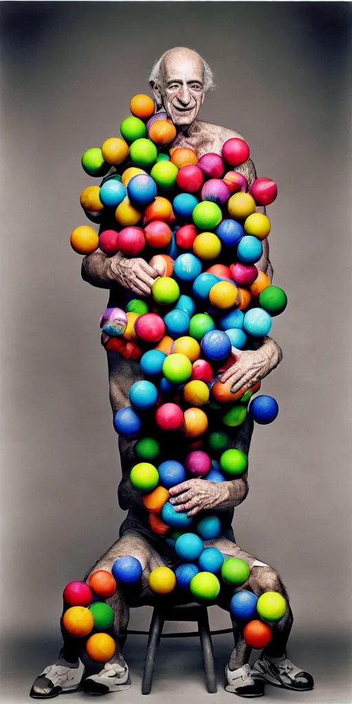 Prompt: award winning photo of albert hoffman playing with BALLS, vivid colors, happy, symmetrical face, beautiful eyes, studio lighting, wide shot art by Sally Mann & Arnold Newman