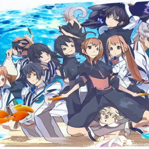 Prompt: dolphins and stingrays in isekai style