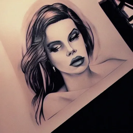 Image similar to Lana del rey tattoo design, photorealistic, dramatic