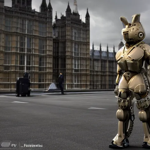 Prompt: the queen of england in a mech suit preparing to fight Boris Johnson outside parliament. octane render. realistic