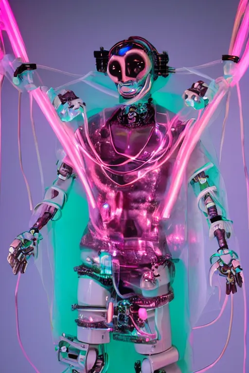 Image similar to full-body rococo and cyberpunk style mint neon and ceramic statue of a muscular attractive Nick Jonas as a robot god humanoid wearing a thin see-through plastic cloak sim roupa, posing like a superhero, suspended to the wall thick clear cables around his wrists, glowing peach face, crown of pink steampunk lasers, large diamonds, swirling silver silk fabric. futuristic elements. oozing glowing liquid, full-length view. space robots. human skulls. throne made of bones, intricate artwork by caravaggio. Trending on artstation, octane render, cinematic lighting from the right, hyper realism, octane render, 8k, depth of field, 3D