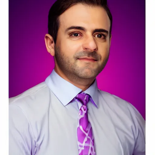 Image similar to corporate portrait, senior sales director, purple green color scheme, professional studio lighting, hyperreal detailed lifelike facial features, corporate portraiture, headshot,