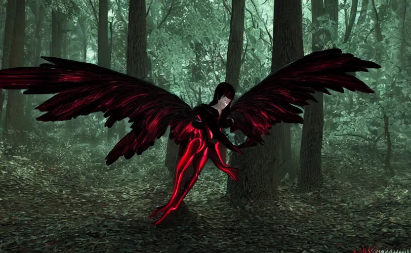 Image similar to Female dark angel in gothic red and black dress, their black wings are extended. She is in the bioluminescent forest. Horror scene, highly detailded. Bronze statue, unreal engine