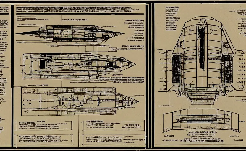 Image similar to space ship operation manual, instructions, blueprint, 1 9 8 0 s, ridley scott, worn and old manual, detailed schematics, science fiction