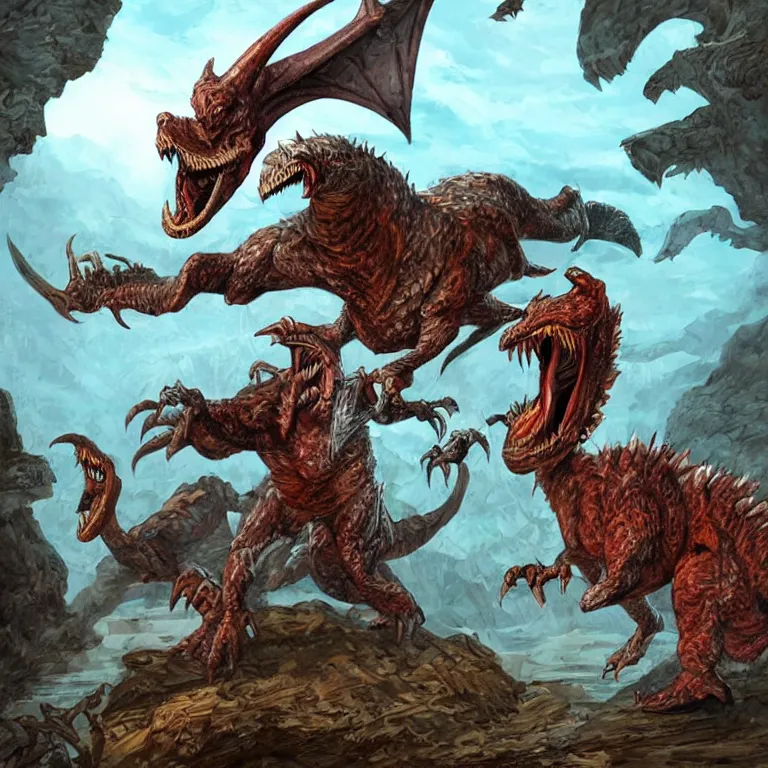 Image similar to a human d & d barbarian being attacked by a fantasy velociraptor, rpg book illustration