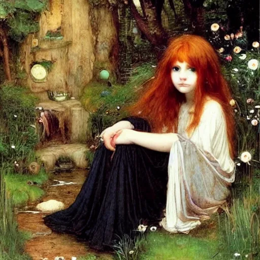 Prompt: fairy garden, beautiful, magical, young girls, ginger haired sweet girl, black haired goth girl, john william waterhouse, ethereal