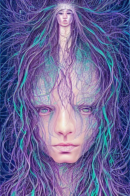 Image similar to dark underwater portrait of a Bioluminescent woman, with reaction diffusion semi-transparent skin. face closeup. long intricate dark hair, with jellyfish. very high detail, illustration, by alex grey and Ilya Kuvshinov