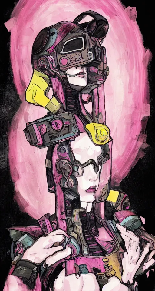 Image similar to full page scan, detailed concept art, Renaissance style, illustration, decay, mathematics and geometry, human, aesthetic, saturated, yellow and pink, vr headset, debased, portrait of a female cyborg cyberpunk gutter punk wearing vr goggles in the style of blame! manga