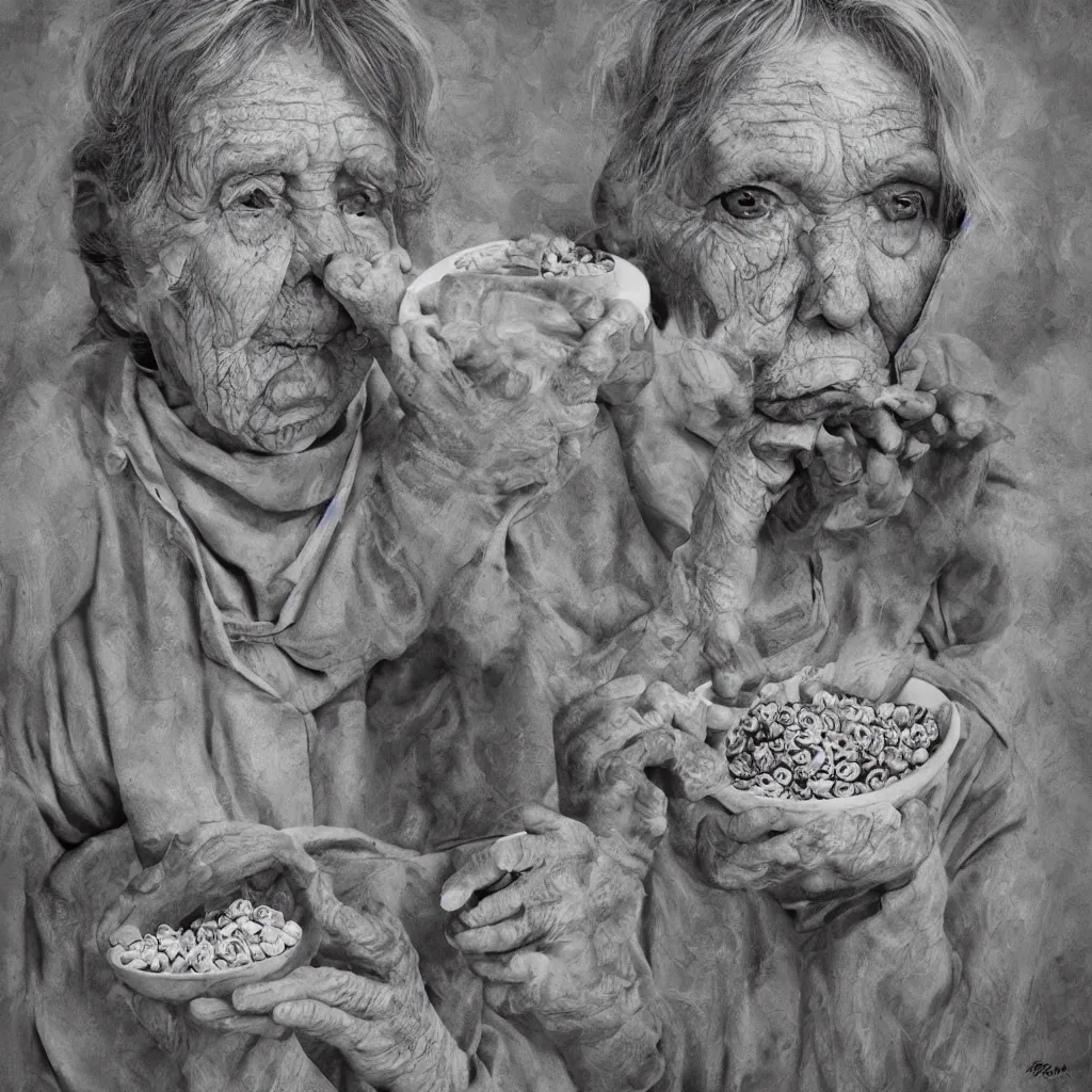 Image similar to grandma eating a bowl of cereal made of eyes, salviadroid, 4 k, digital art, hyperrealism, psychedelic