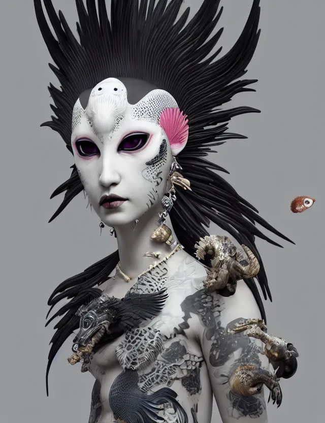 Image similar to 3 d goddess close - up profile simple portrait punk with mohawk with goat skull. beautiful intricately detailed japanese crow kitsune mask and clasical japanese kimono. betta fish, jellyfish phoenix, bio luminescent, plasma, ice, water, wind, creature, artwork by tooth wu and wlop and beeple and greg rutkowski