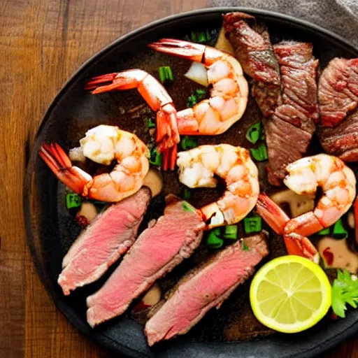 Prompt: shrimp and steak on a plate