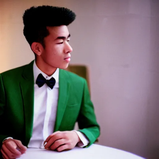 Image similar to A young man in a suit sits at a table on a martial green flannel, bokeh, cinestill