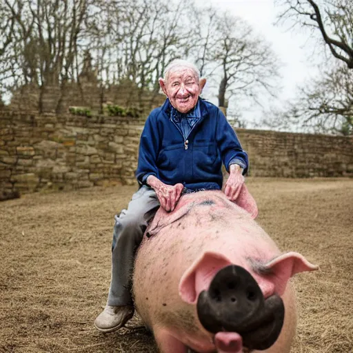 Prompt: portrait of an elderly man riding a pig, canon eos r 3, f / 1. 4, iso 2 0 0, 1 / 1 6 0 s, 8 k, raw, unedited, symmetrical balance, wide angle