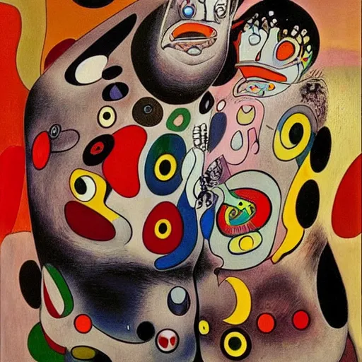 Image similar to Oil painting by Roberto Matta. Strange mechanical beings kissing. Portrait by Takashi Murakami. Joan Miro.