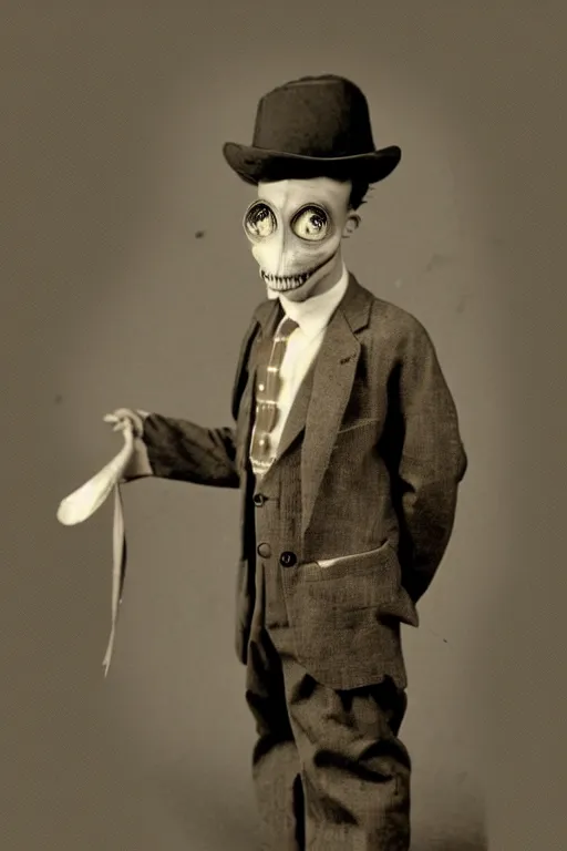 Image similar to anthropomorphic locust, wearing a suit, vintage photograph, sepia