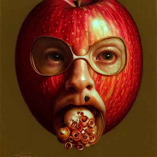 Image similar to apples arranged in the shape of a face, fantasy, intricate, elegant, highly detailed, lifelike, photorealistic, digital painting, artstation, illustration, smooth, sharp focus, art by artem demura, giuseppe arcimboldo