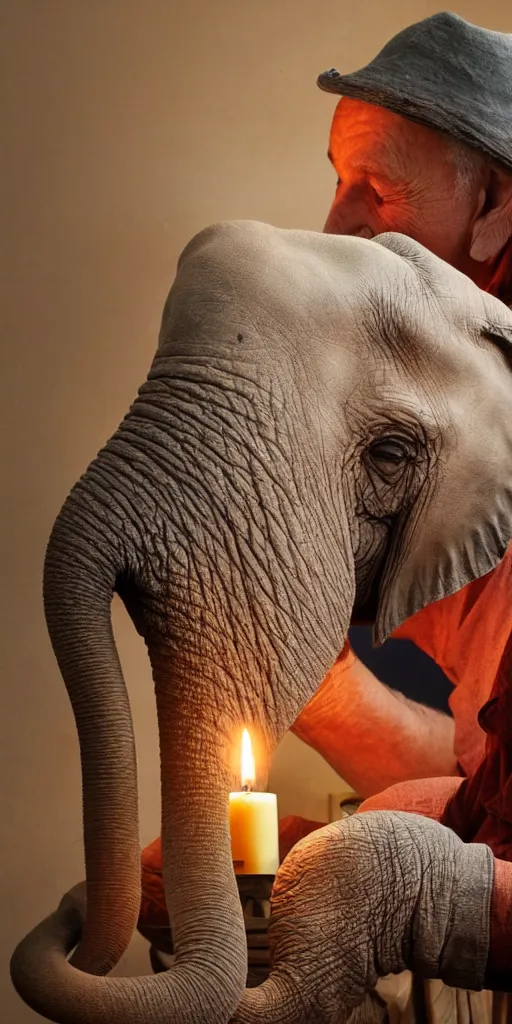 Image similar to a old man with a elephant snout, elephant ears and elephant tasks, beautifull candle low light