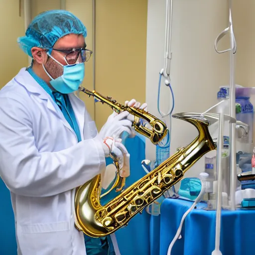 Image similar to doctors playing saxophone made out of clear tubing, syringes, urine collection bag, iv pole, fluid bag, nebulizer equipment, bag - valve mask, intubation equipment, speculum, defibrillator, coban. concert in surgical theater.