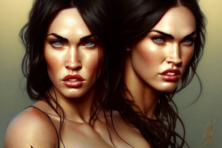 Prompt: portrait of megan fox kissing a blonde woman, muscular upper body intricate, headshot, highly detailed, digital painting, artstation, concept art, sharp focus, cinematic lighting, illustration, art by artgerm and greg rutkowski, alphonse mucha, cgsociety