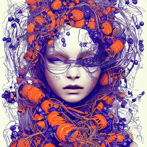 Prompt: the head of an incredibly beautiful woman partially made of carrots and blueberries, an ultrafine detailed illustration by james jean, final fantasy, intricate linework, bright colors, behance contest winner, vanitas, angular, altermodern, unreal engine 5 highly rendered, global illumination, radiant light, detailed and intricate environment