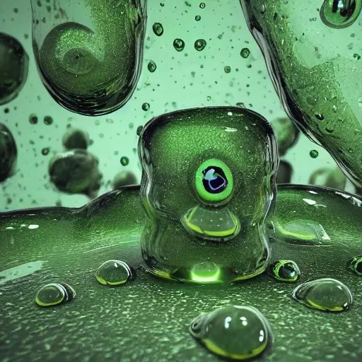 Prompt: a translucent blob of green slime with eyeballs floating in it supported by 100\'s of legs, 3d render, unreal engine, volumetric lighting, artstation