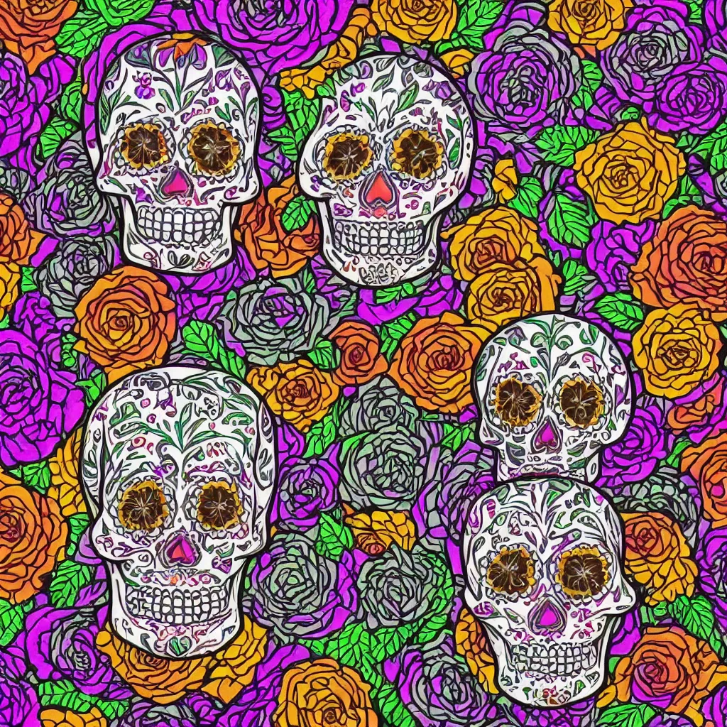 Prompt: Dia de Los Muertos sugar skull in the style of Alex Grey