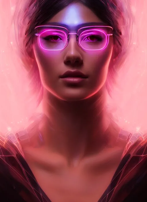 Image similar to portrait of female humanoid in transparent eyewear, intricate, elegant, cyber neon lights, highly detailed, digital photography, artstation, glamor pose, concept art, smooth, sharp focus, art by artgerm and greg rutkowski