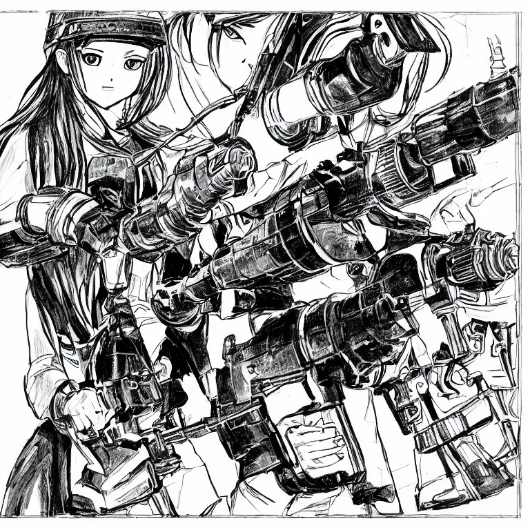 Prompt: manga sketch of a girl wielding a rotary buzzsaw