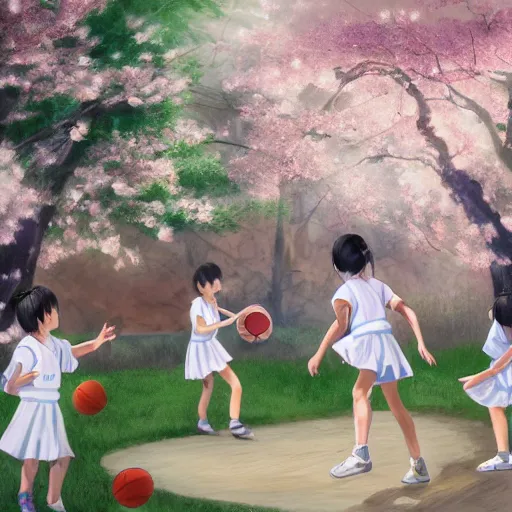 Image similar to hachishakusama wearing a white dress playing basketball against a group of kindergarteners wearing japanese school uniforms, complete detailed body, cherry blossom trees in background, moody atmosphere, digital art, highly detailed, high contrast, beautiful lighting, award winning, trending on art station, photorealistic, 8 k,