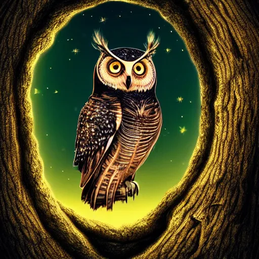 Image similar to mechanical owl inside a hole in a tree, red eyes glowing, night sky with full of stars, in the middle of forest, realistic style, futuristic, photorealistic, cinematic lighting, high key lighting, high contrast, 8 k, golden ratio, uhd, hd, shallow focus, lens 7 5 mm